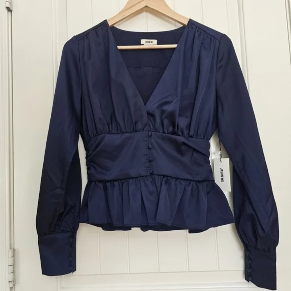 Jason Wu Navy Satin Peplum Blouse – Size Small – NWT